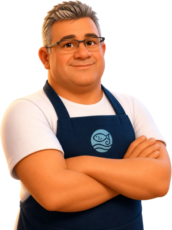 Seu Vino, mascote da Caminho do Mar, de braços cruzados e avental azul